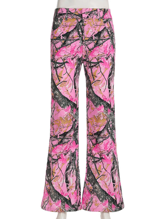 Rockmore Pink Thorn Camouflage Printed Flare Pant Casual High Street Trouser Women Y2k Clothes Autumn Aesthetic Grunge Fairycore SS69