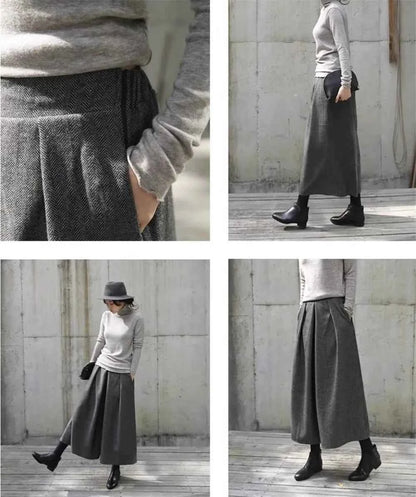 Loose Woolen Wide Leg Skirts Pants Women Pleated Casual Pants Winter Autumn Straight Trousers Elastic High Waist Fat Leg Pants