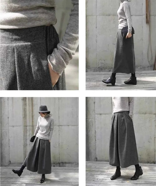 Loose Woolen Wide Leg Skirts Pants Women Pleated Casual Pants Winter Autumn Straight Trousers Elastic High Waist Fat Leg Pants