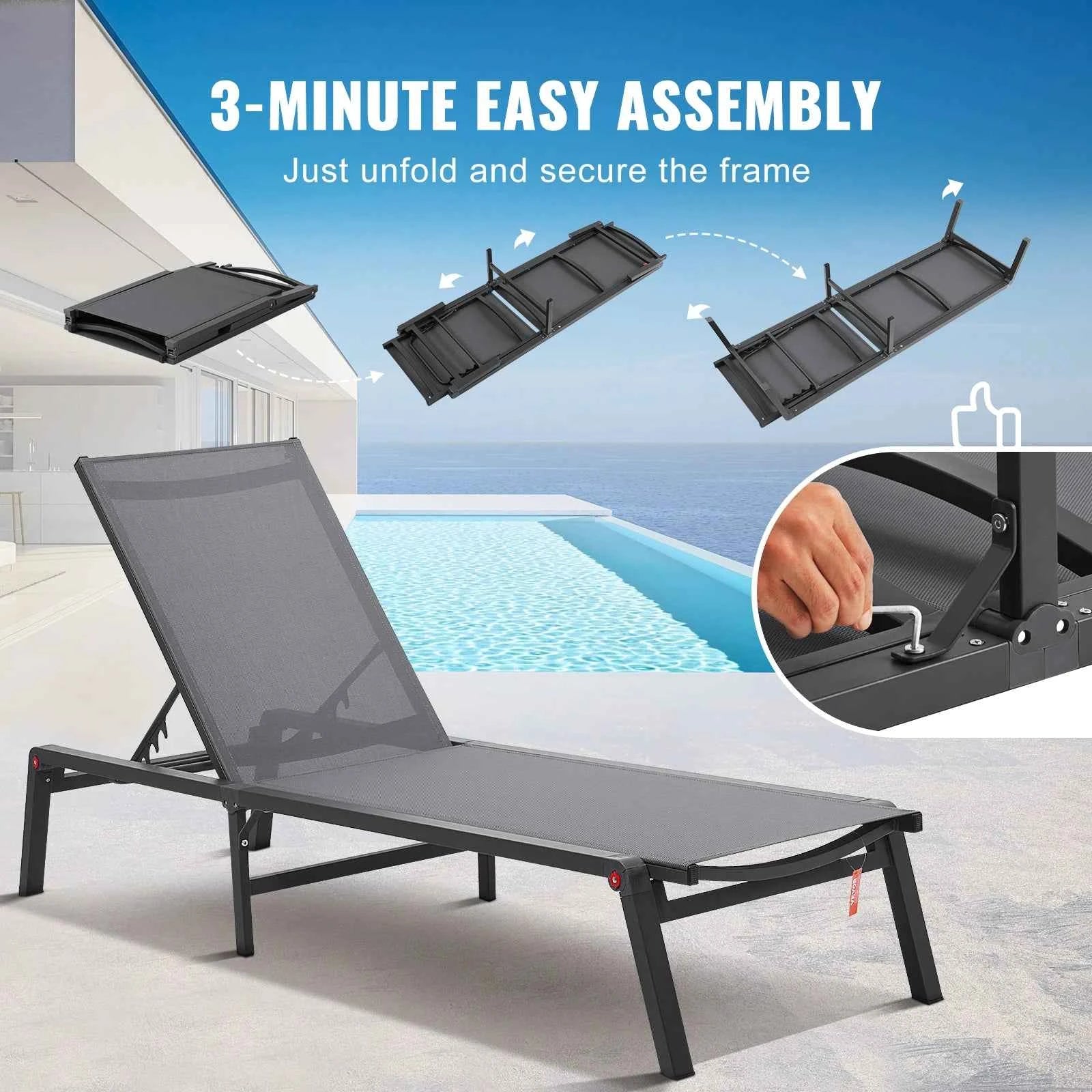 SucceBuy Chaise Lounge Chair Outdoor Aluminum Patio LoungeFolding Pool Lounge Recliner Full Flat for Patio Beach Pool Dark Grey