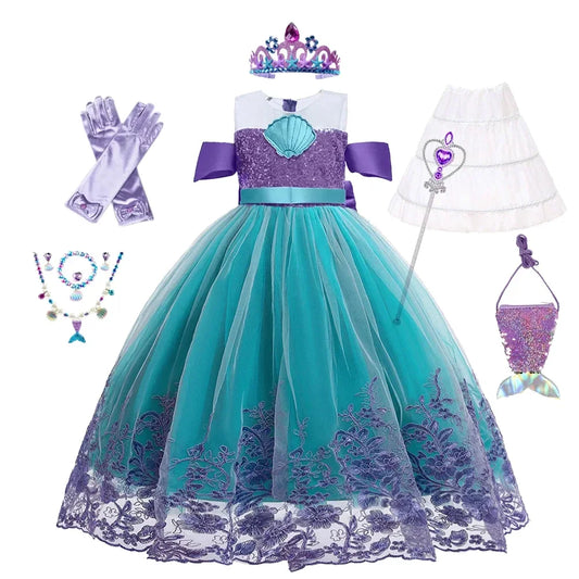 Supertaro Chen Ariel Princess Cosplay Dress for Girls, Floral Mesh Ball Gown