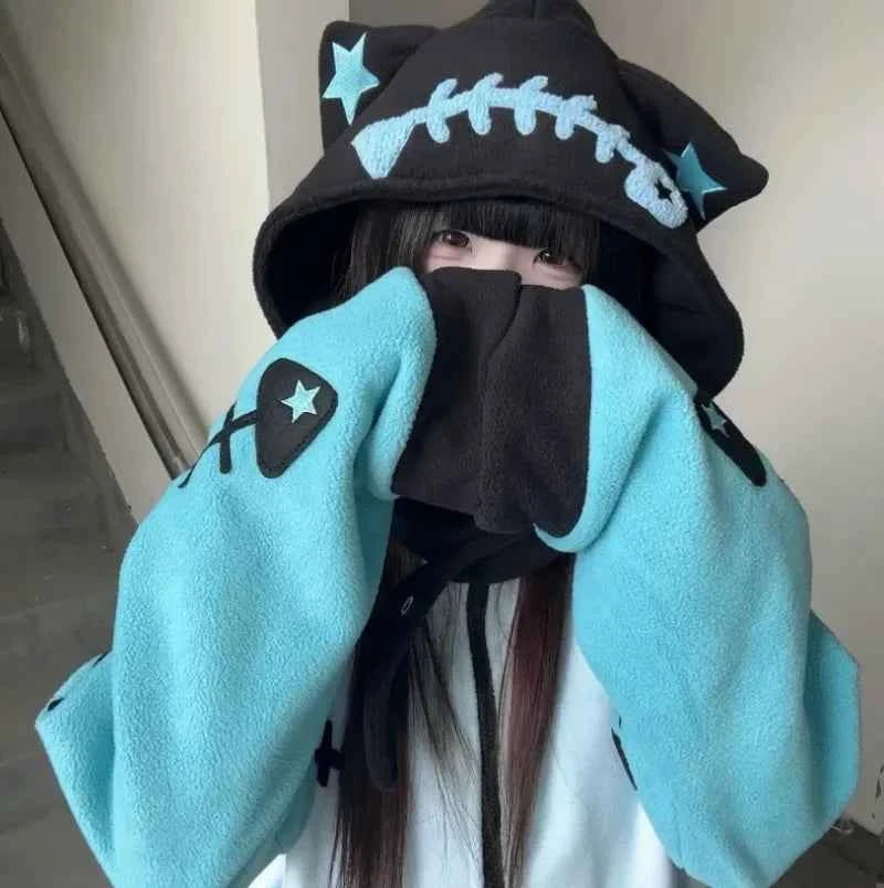 SS69 Japanese Punk Cat Ear Fish Bone Zip-Up Oversized Hoodie Blue