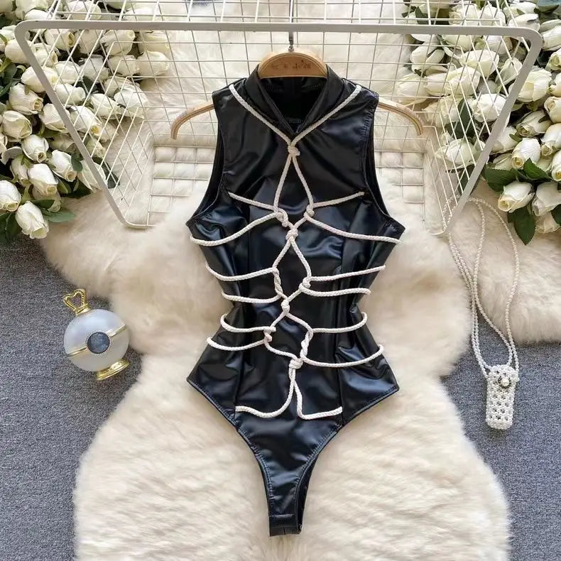 Women Hotsweet Sexy Drawstring Lace Up Design Halter Playsuits Fashion Transparent Bodysuits Slim Hollow Out Summer Rompers  New