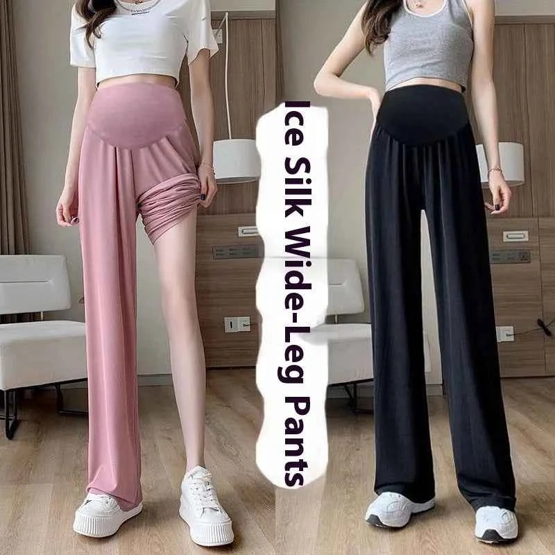 Summer Women's Maternity with Pockets Large Size Maternity Trousers Outside Wearing Thin Section of Ice Silk Draped Wide-Legged