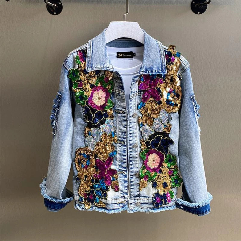 Retro Diamonds Embedding Floral Embroidery Denim Coat Spring Flowers Sequins Appliques Slim Jeans Jacket Cowboy Cardigan Jaqueta SS69