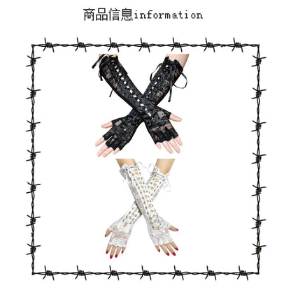 Japanese lolita lace long arm sleeve sweet cool girls lace-up mesh bandage white black arm warmers gloves SS69