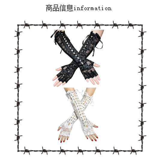 Japanese lolita lace long arm sleeve sweet cool girls lace-up mesh bandage white black arm warmers gloves SS69