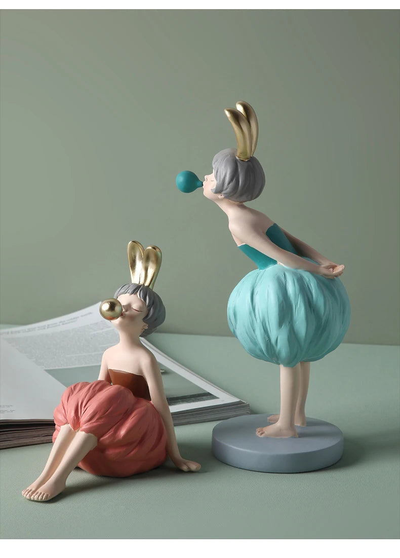 Bubble Gum Rabbit Girl Figurines, Modern Home Decoration,Party Decor, Sweet Gift for Girl,Lovely Room Ornaments,Birthday Present SS69