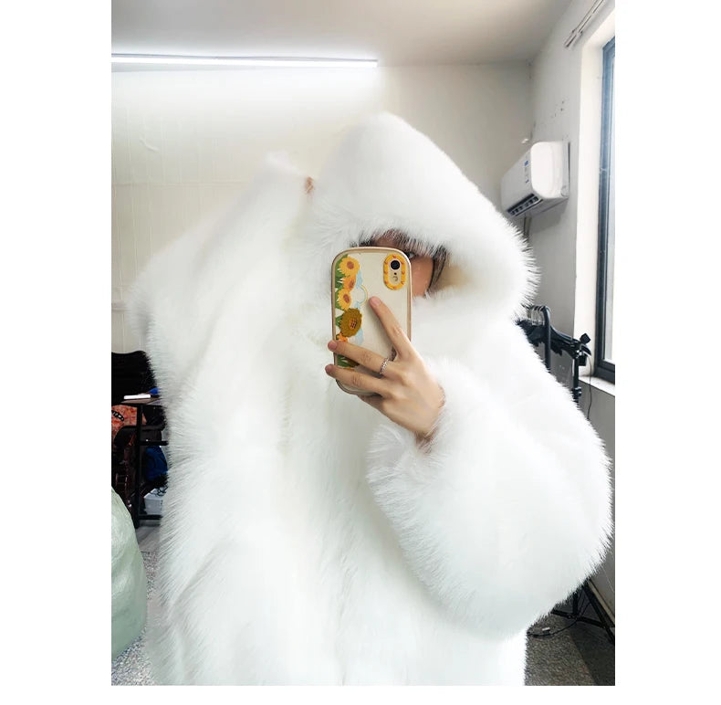 Nerazzurri Women's Faux Fur Coat with Hood - Warm & Fluffy