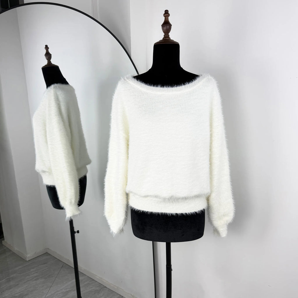 Talenza Women's Plush Pullover Fashion Solid Loose High Street Sweaters Vintage Chic Strapless Autumn Casual Female Pullovers
