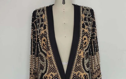 Pearl Embroidery Female Jacket, Full Sleeve Slim Jackets, V Neck, Hidden Button Print Suit, Large Size, Fall Fashion SS69