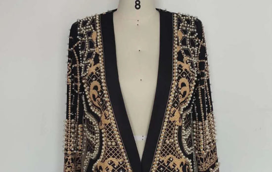 Pearl Embroidery Female Jacket, Full Sleeve Slim Jackets, V Neck, Hidden Button Print Suit, Large Size, Fall Fashion SS69