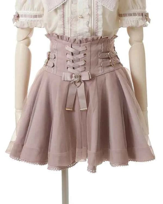 Japanese Liz New Spring Lace Edge Leather Ring High Waist Pleated Skirt Ribbon Bow Short Plaid Skirts Big Bow Lolita Blouses