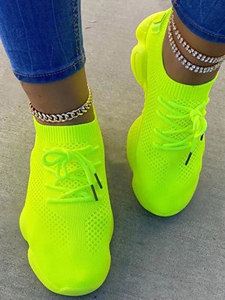Fitshinling Fashion New Neon Women's Sneakers Athleisure Shoes For Women Lace Up Casual Flats Shoe SS69