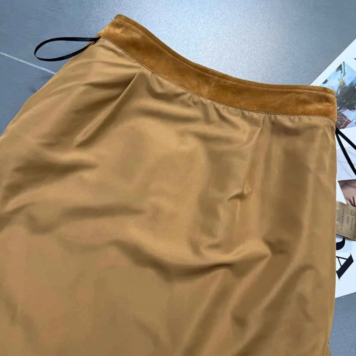 Retro Brown Genuine Kid Suede Real Leather Pencil Skirt Side Slit Soft Lambskin Midi Skirt with Knee Length Women