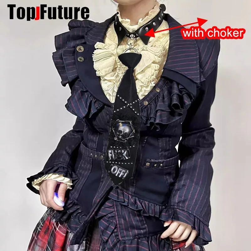 Women Men Y2K Girl Boy Gothic Harajuku Punk Steampunk Pre-Tied Ties Skeleton Necktie Accessories Halloween Cosplay Tie Choker SS69 17.69 with chocker 1