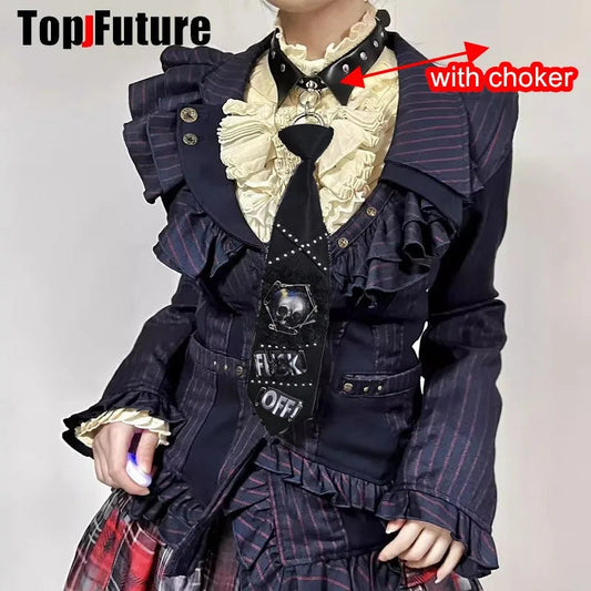 Women Men Y2K Girl Boy Gothic Harajuku Punk Steampunk Pre-Tied Ties Skeleton Necktie Accessories Halloween Cosplay Tie Choker SS69 17.69 with chocker 1