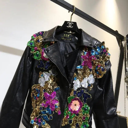 Chic Floral Sequined Embroidery Faux Leather Jacket Short Locomotive PU Coat Diamonds Beaded Turn Down Collar Zippers Streetwear SS69