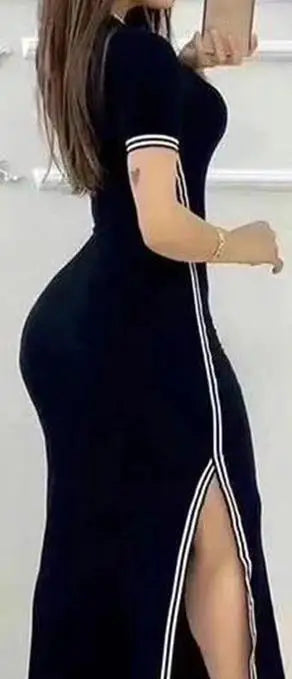 Womens Dresses 2023 Summer Fashion Striped High Slit Casual O-Neck Short Sleeve Daily Skinny Maxi A Line Dress Woman Clothing SS69