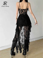 SINGREINY Women Lace Irregular Long Dress Camis Sheath Sensual Sheer Dress Fashion Streetwear Hollow Out Ruffles Sexy Dresses
