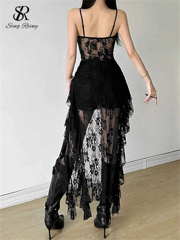 SINGREINY Women Lace Irregular Long Dress Camis Sheath Sensual Sheer Dress Fashion Streetwear Hollow Out Ruffles Sexy Dresses