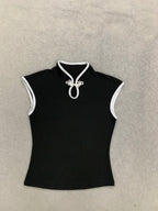 Women's Beige Chinese Style Cheongsam Blouse Vintage Mandarin Collar Short Sleeve Crop Top with Frog Button Keyhole Asymmetrical