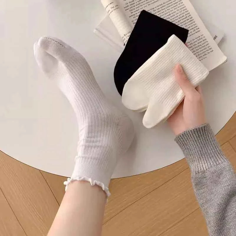 Japanese Ruffled Edge Cotton Split Toe Socks Solid Color Two-Toed Sock Unisex Harajuku Simple Tabi Socks High Elastic Hosiery