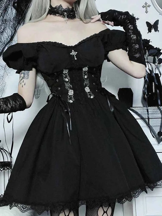 AltGoth Vintage Gothic Princess Dress Women Dark Harajuku Lace Up Cross Corset Dress Streetwear Partywear Lolita Dress Female