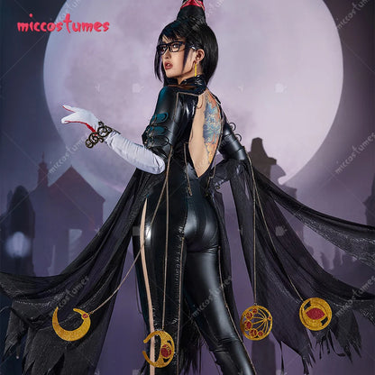 Miccostumes Women's Black Witch Cosplay Bodysuit PU Leather Halloween Costume