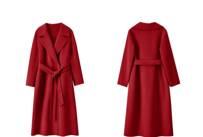 SENTUBILA Women 100% Wool Long Wrap Coat 2026 Elegant Notched Collar Belted Warm Double Faced Woolen Winter Overcoat W24O43352