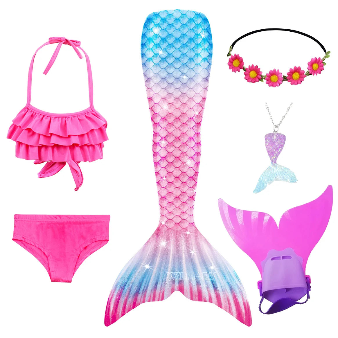 ZOCIC Girls Mermaid Tail Swimsuit Set with Top and Skirt for Swimming