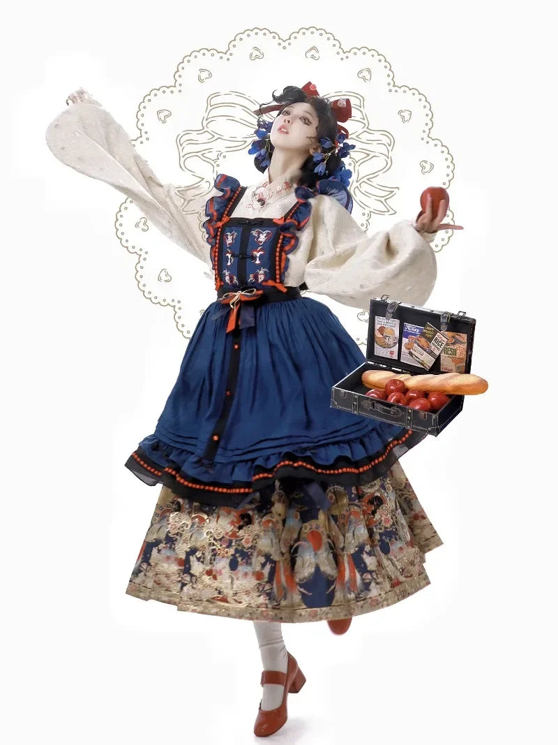 New Spring Chinese Style Female Long-sleeved Weaving Gold Hanfu Dress Set Suit Retro Top Suspender Dress and Pleated Skirt Set
