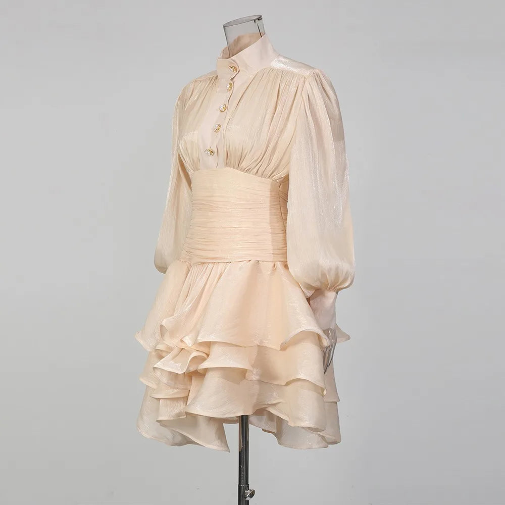TWOTWINSTYLE Solid Spliced Ruffles Dress Female Stand Collar Long Sleeve Loose French Elegant Women's Dresses Autumn Fashion New