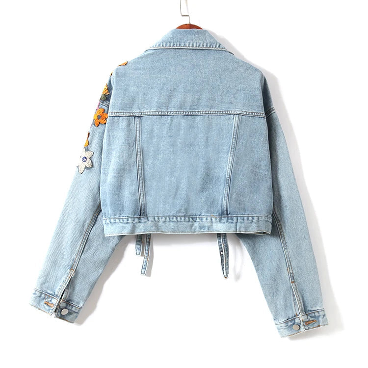Women Flowers Embroidered Sequined Denim Jacket Spring Autumn Floral Beading Jeans Coat Ribbons Cowboy Cardigan Tops Chaquetas SS69