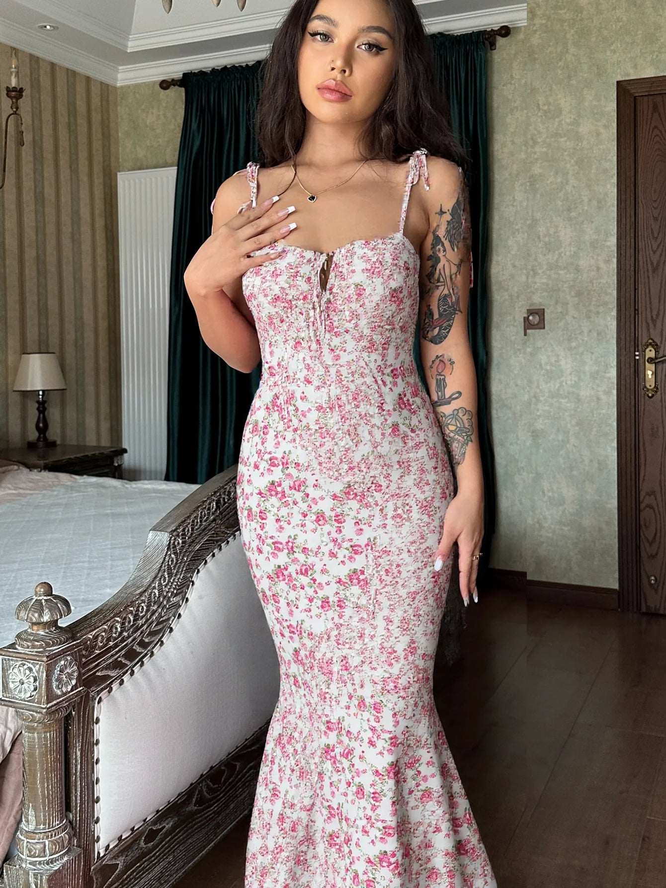 Hugcitar Women Floral Spaghetti Strap Bodycon Maxi Dress