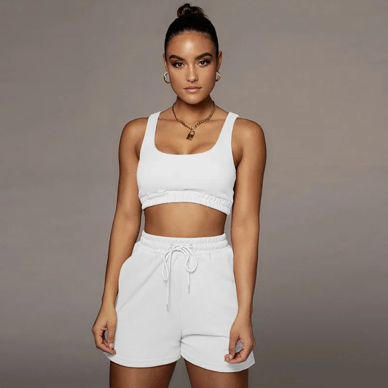 Crop Tops And Drawstring Shorts Set Sexy U-Neck Fitness Tank Top Summer Athleisure Biker Shorts Two Piece Sets Women Streetwear - SS69