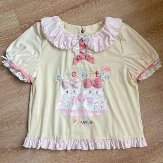 Y2K JK Lolita Japan Kawaii Girl Cute Sweet Lace T-shirt Lolita Print Tops Bow Cake Blouse  A-line Spliced Cake Skirt New Chic
