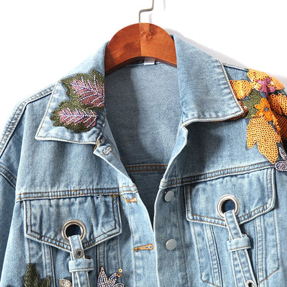 Women Flowers Embroidered Sequined Denim Jacket Spring Autumn Floral Beading Jeans Coat Ribbons Cowboy Cardigan Tops Chaquetas SS69