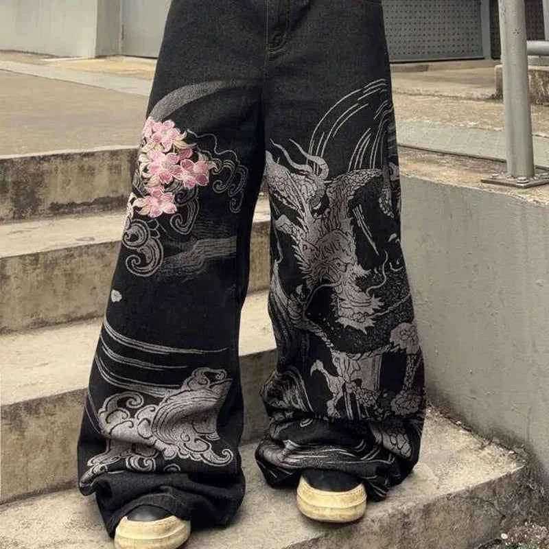 Vintage Low Waist Hip Hop Cherry Blossom Embroidered Jeans Wide Leg Trousers Y2K Clothes Mens Womes Embroidered Baggy Jeans