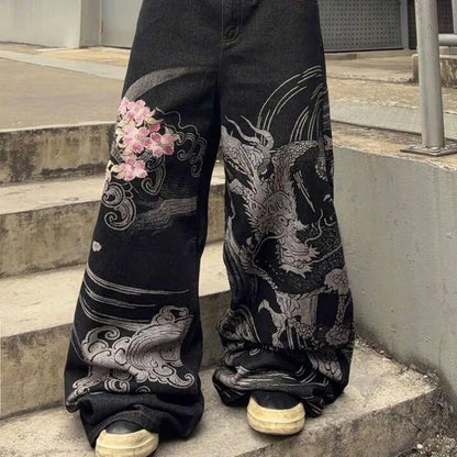 Vintage Low Waist Hip Hop Cherry Blossom Embroidered Jeans Wide Leg Trousers Y2K Clothes Mens Womes Embroidered Baggy Jeans
