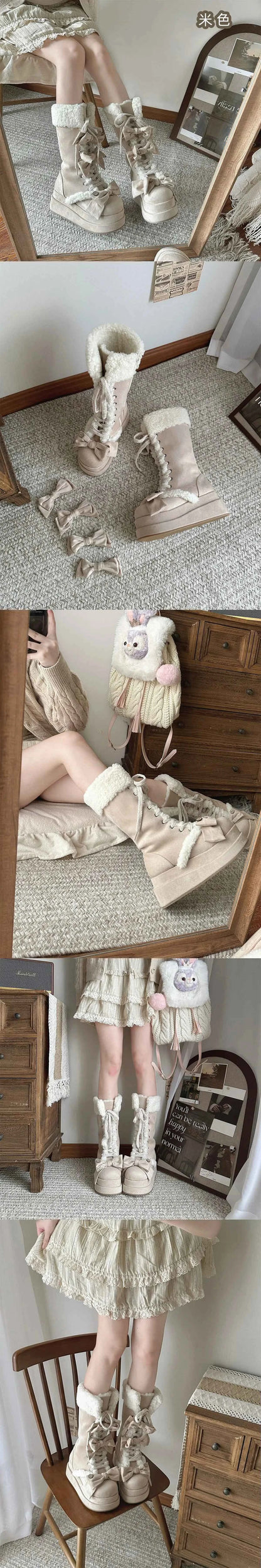 Lolita Winter Calf Boots Original Cute Bow Women's Warm Snow Boots Plush Warm Girl Female Suede Long Fur Boots