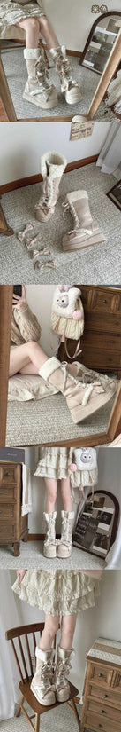 Lolita Winter Calf Boots Original Cute Bow Women's Warm Snow Boots Plush Warm Girl Female Suede Long Fur Boots