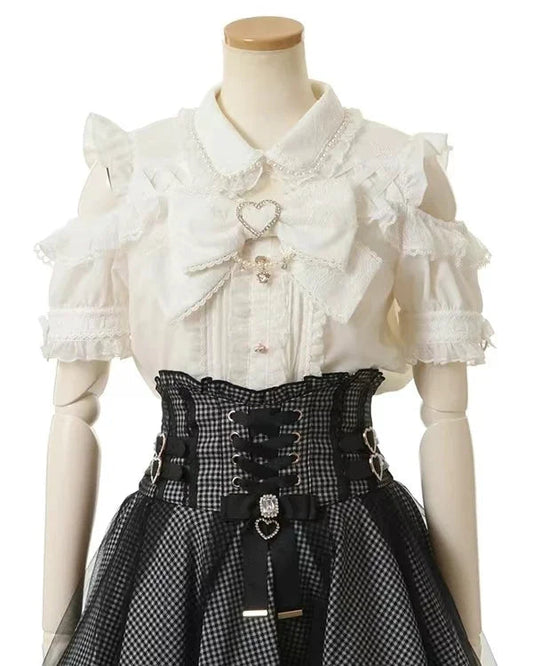 Japanese Liz Mine Women's Shirt Summer Off Shoulder Big Bow Short Sleeve Top Cute Girl BlousesHigh Waist Skirt 2 Piece Skirt Set SS69