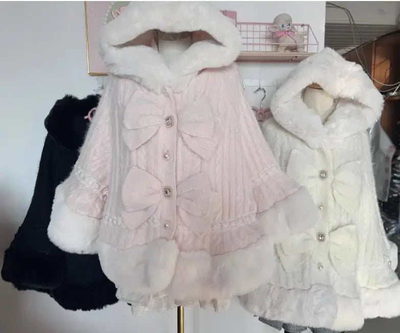 Godivana Lolita Style Faux Rabbit Fur Cape Coat with Bow & Rhinestones - White
