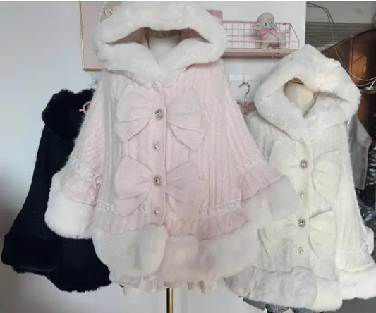 Godivana Lolita Style Faux Rabbit Fur Cape Coat with Bow & Rhinestones - White