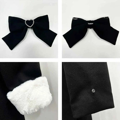 Japanese Sweet Winter Woolen Coat Lolita Style Cute Big Bow Fungus Edge Long Sleeve Slim Kawaii Girls Women Elegant Overcoat