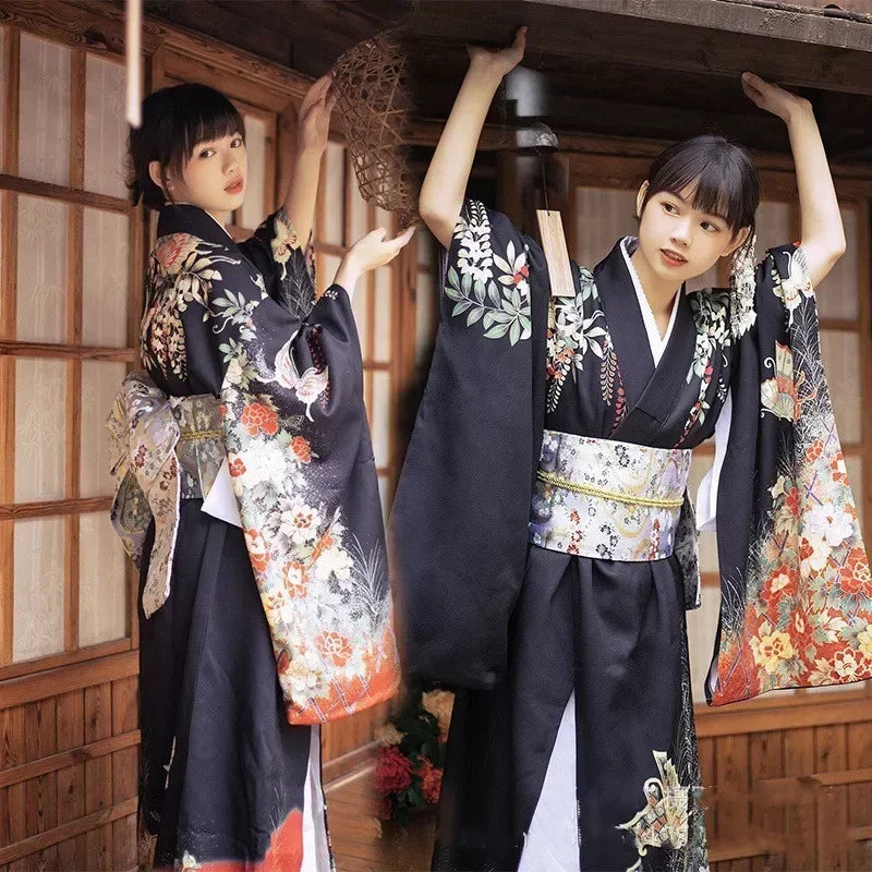 Women's Traditional Japanese Kimono Yukata Ankle-Length Floral Dress