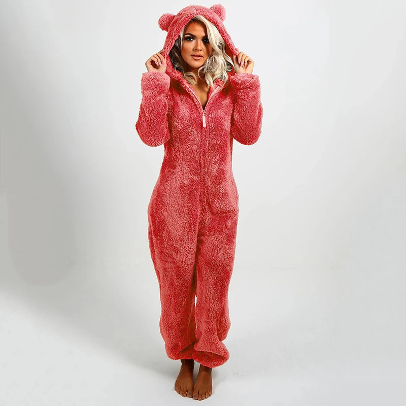 Women Hooded Sleepwear Onesies Fluffy Plush Thermal Warm Hoodies Jumpsuits Rompers Loose Zipper Bodysuits Pajamas Overall 5XL