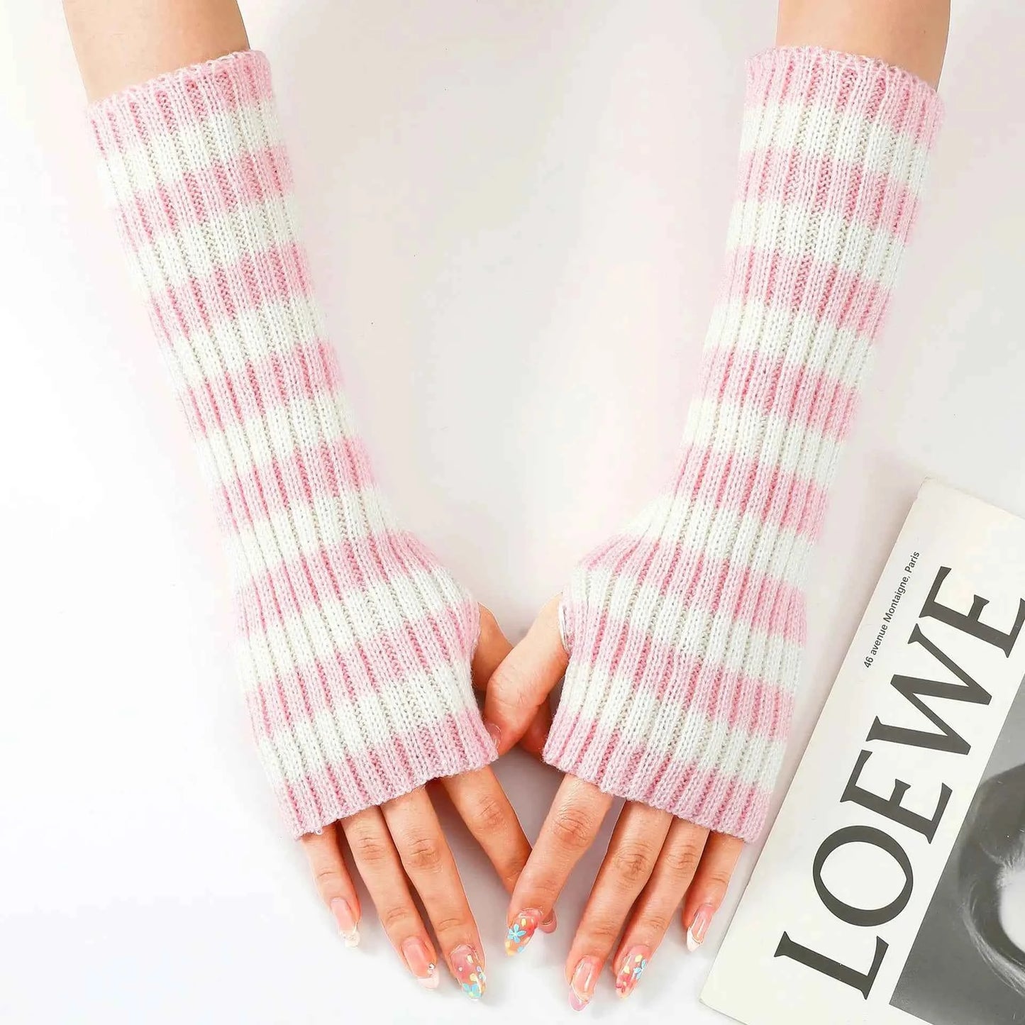 Women's Knitted Fingerless Arm Sleeves Gothic Style Striped Winter Long Arm Warmers Girls Harajuku Y2K Fashion Wrist Gloves