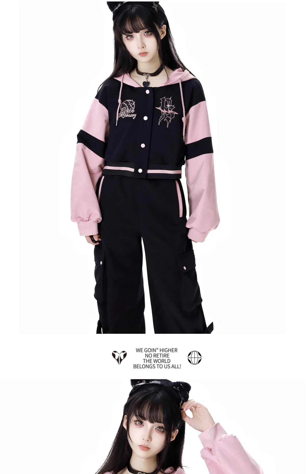 Pink and Black Splicing Color Hooded Baseball Jacket Casual Pant Sets 2025 Spring and Autumn Sweet Cool Girl Students Outfits SS69
